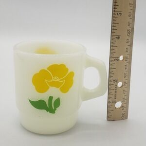 Anchor Hocking Fire King Milk Glass Cup with Yellow Poppy Flower Stackable